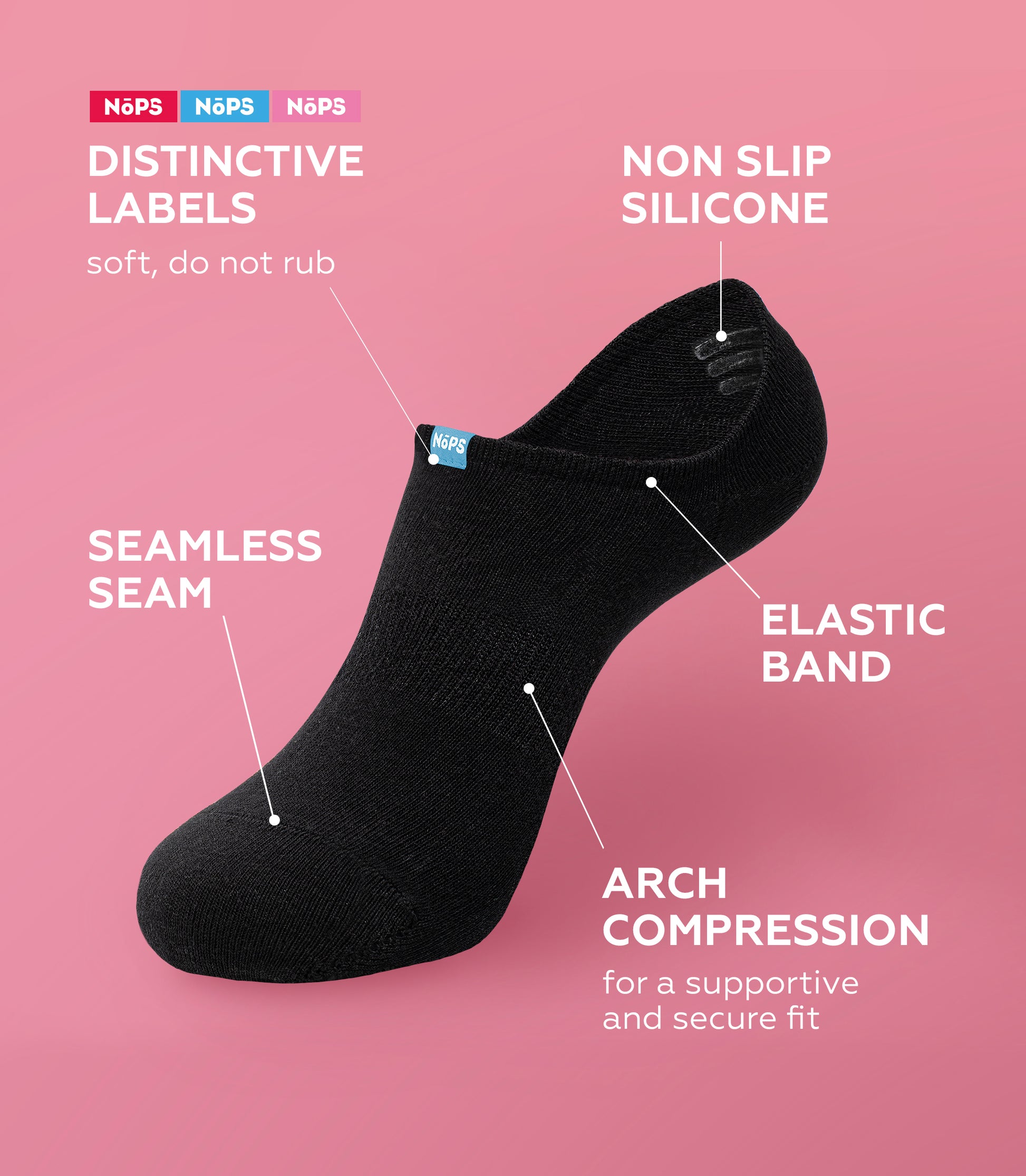 No Show Socks - Black with Blue Tag, 6 pairs +1 Extra Sock