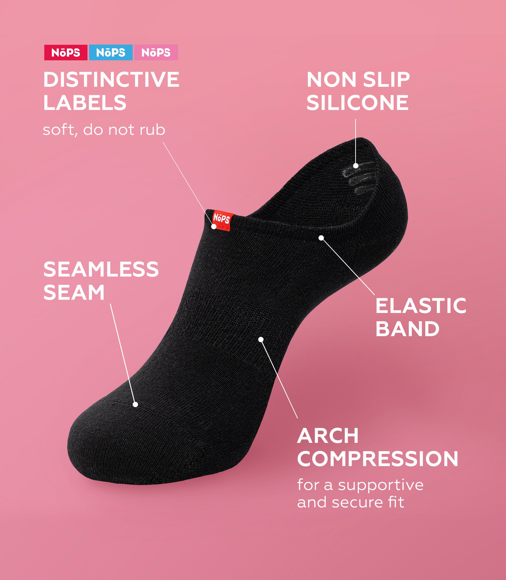 No Show Socks - Black with Red Tag, 6 pairs +1 Extra